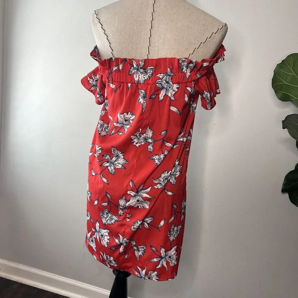 Atmosphere Red Satin Floral Mini Short Dress Off The Shoulder Sz 4 - Picture 5 of 6